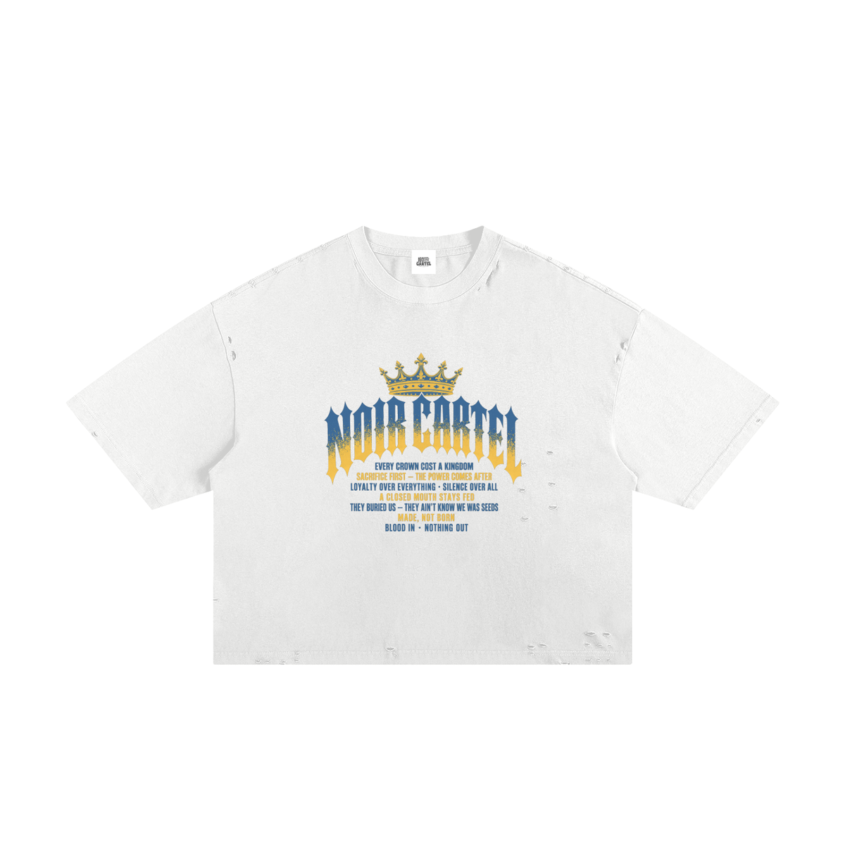 NOIR CARTEL MADE MEN — Blood Oath — Sky Blue & Gold Frayed Boxy Tee