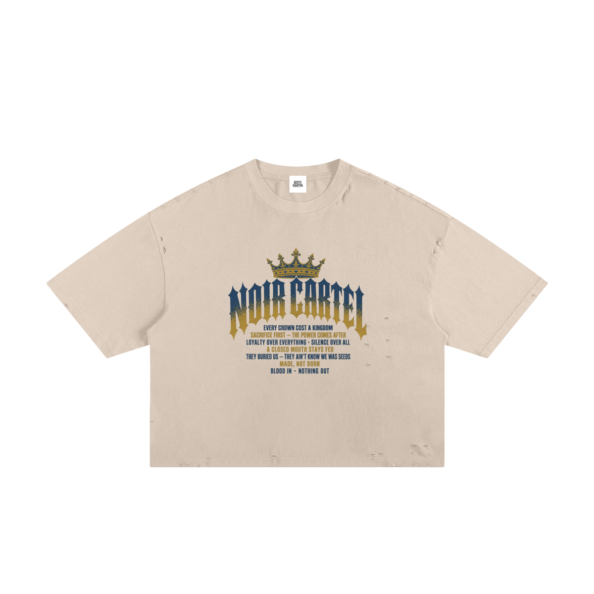 NOIR CARTEL MADE MEN — Blood Oath — Navy & Gold Frayed Boxy Tee