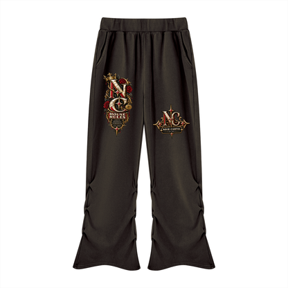 NOIR CARTEL DIAMONDS — Crowned Script Black Ruched Flare Sweatpants front