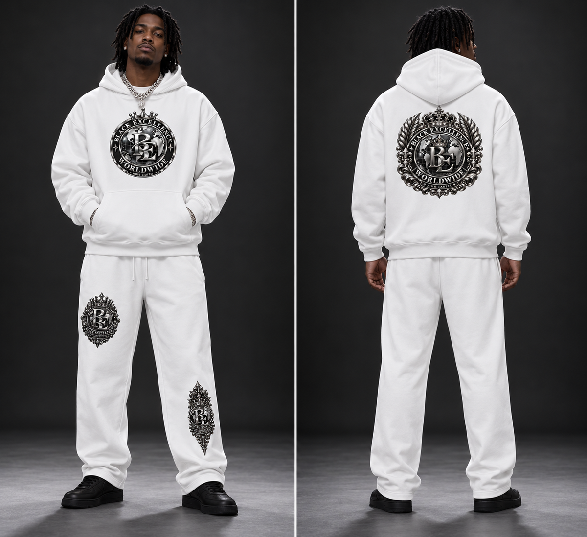 AI-generated styling preview — Black Excellence Worldwide white set, front and back. Refer to flat lays and garment measurements for exact product details.
