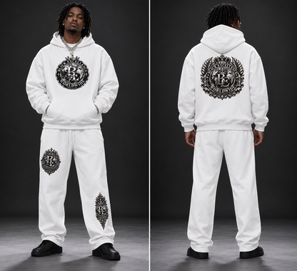 AI-generated styling preview — Black Excellence Worldwide white set, front and back. Refer to flat lays and garment measurements for exact product details.