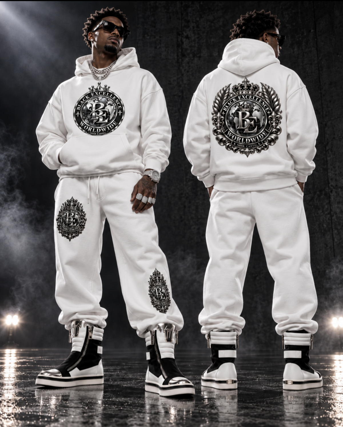 NOIR CARTEL Black Excellence Worldwide white hoodie and jogger set on model, front and back