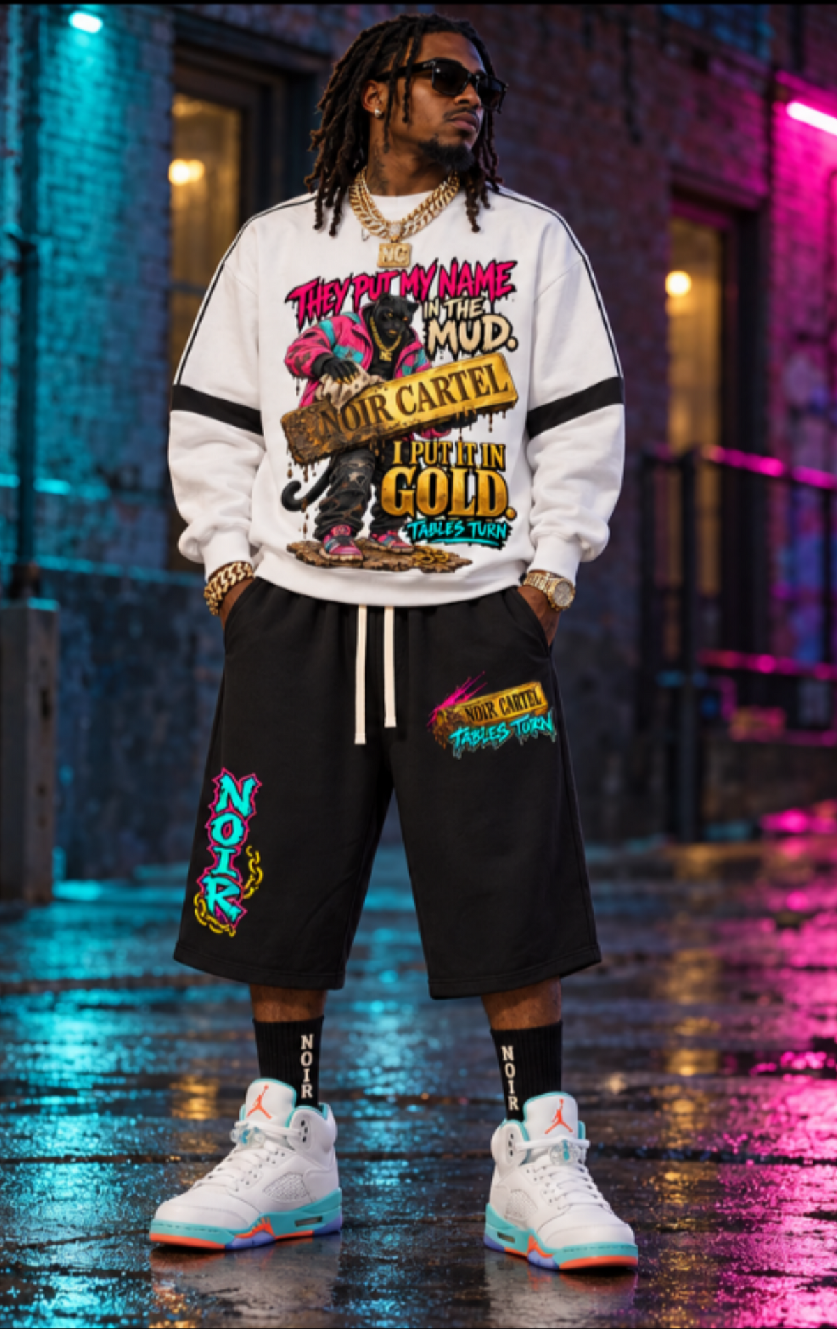 Styled NOIR CARTEL TABLES TURN Mud to Gold sweatshirt and shorts bundle